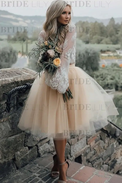 Blue Simple Wedding Dress A Line Designed Neckline Lace Tulle Bridal Gowns