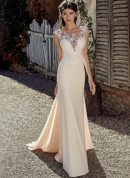 White Simple Wedding Dress White Chiffon Illusion Sleeveless Court Train Applique Sheath Bridal Gowns