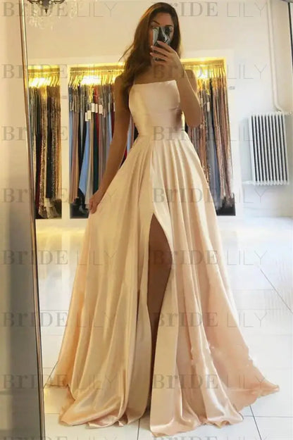 Spaghetti Straps Simple Satin Long Prom Dress with Slit