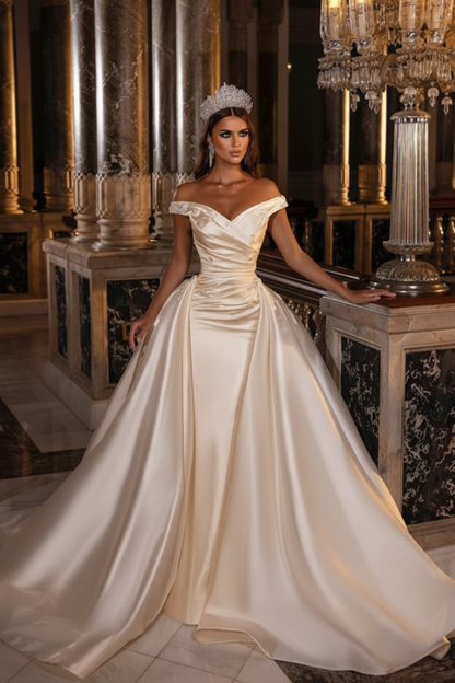 Sweetheart Backless Satin A-Line Off-The-Shoulder Bridal Gown with Ruffled Appliques
