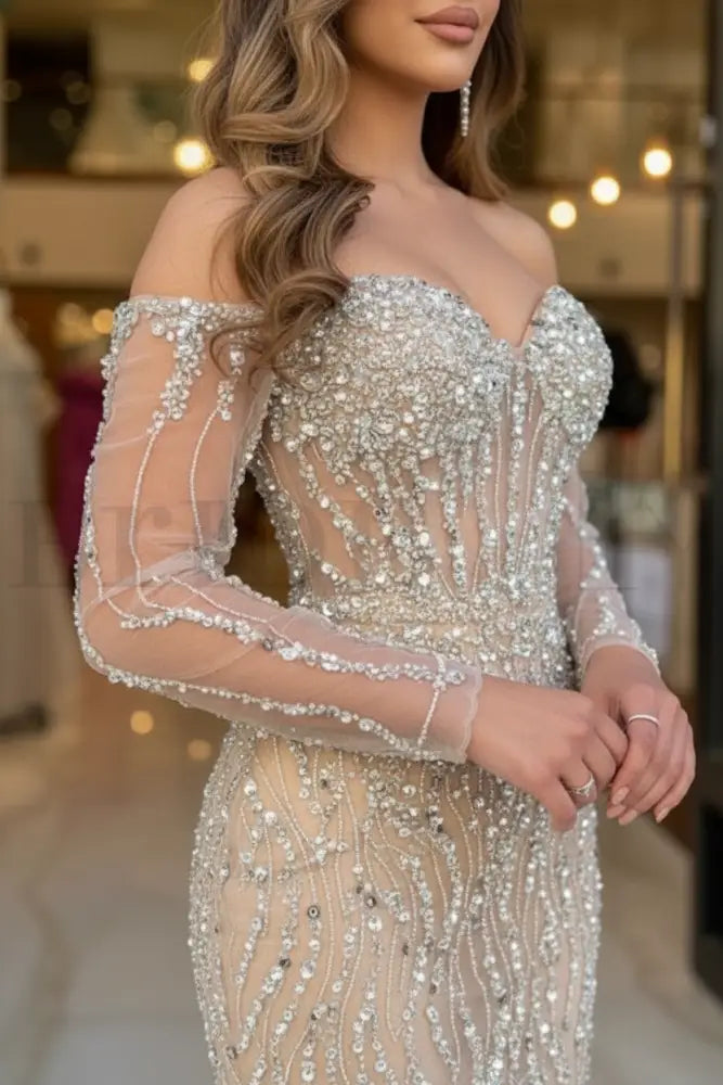 Champagne Sweetheart Mermaid Prom Dress Long Sleeves with Beadings