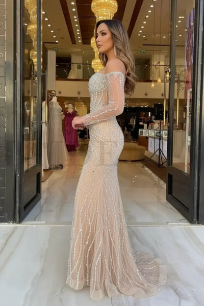 Champagne Sweetheart Mermaid Prom Dress Long Sleeves with Beadings