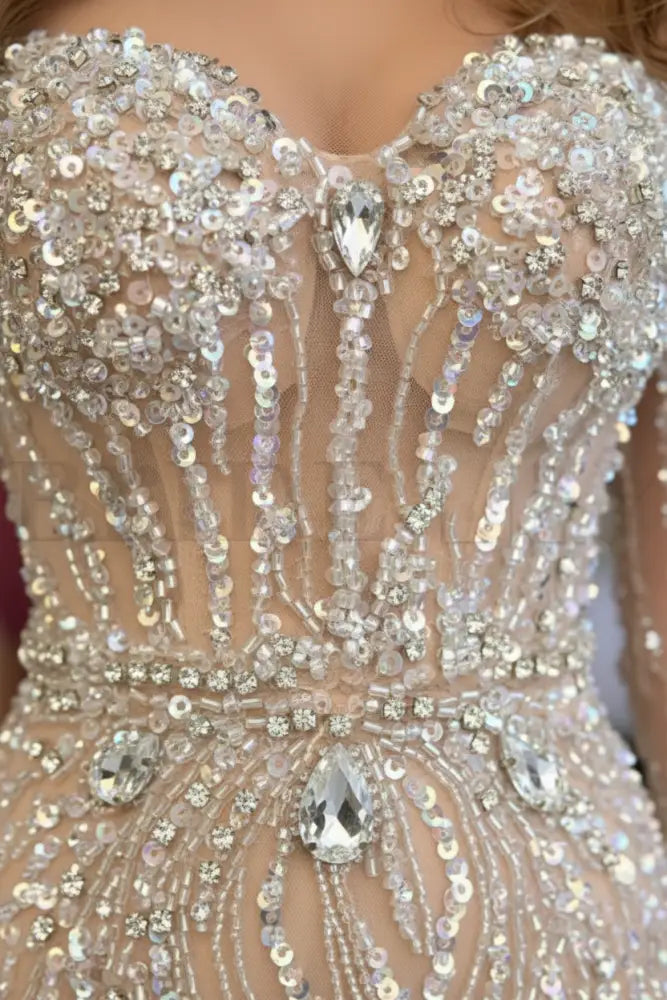 Champagne Sweetheart Mermaid Prom Dress Long Sleeves with Beadings