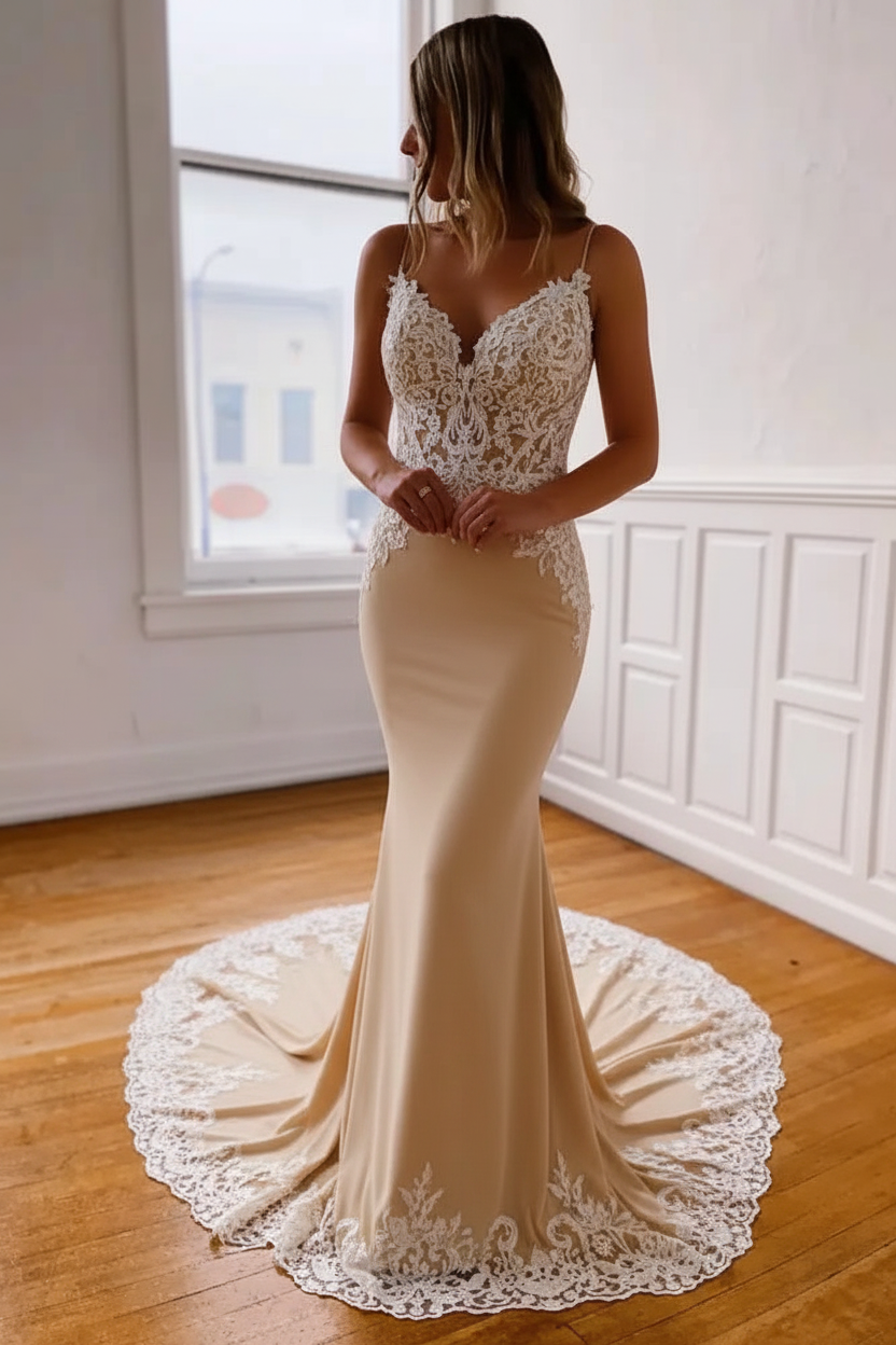 Sweetheart Spaghetti Straps Appliques Lace Mermaid Wedding Dresses with Train