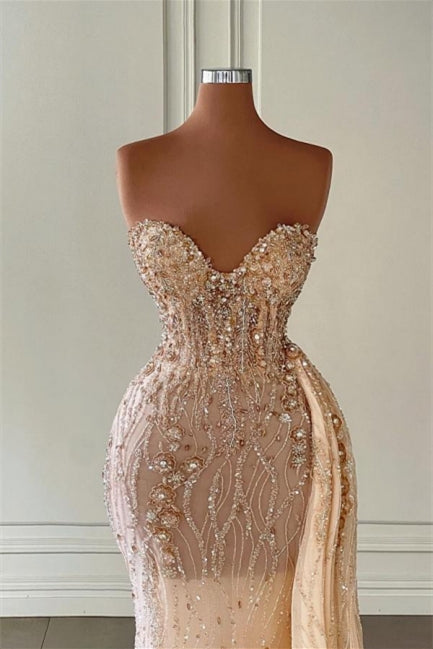 Champagne Sweetheart Tulle Crystal Sheath Prom Dress with Overskirt