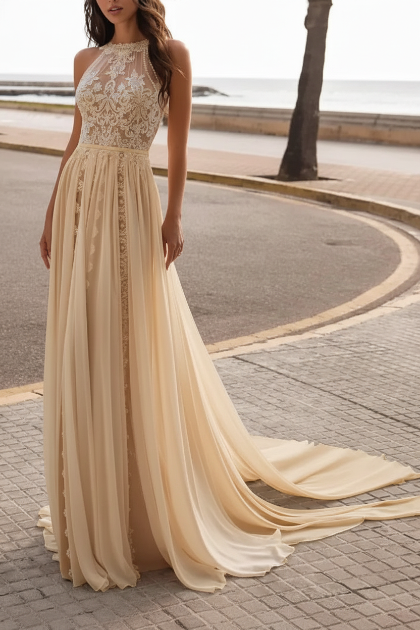 Ivory Wedding Dresses A Line With Court Train Sleeveless Applique Bridal Gowns