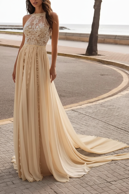 Ivory Wedding Dresses A Line With Court Train Sleeveless Applique Bridal Gowns