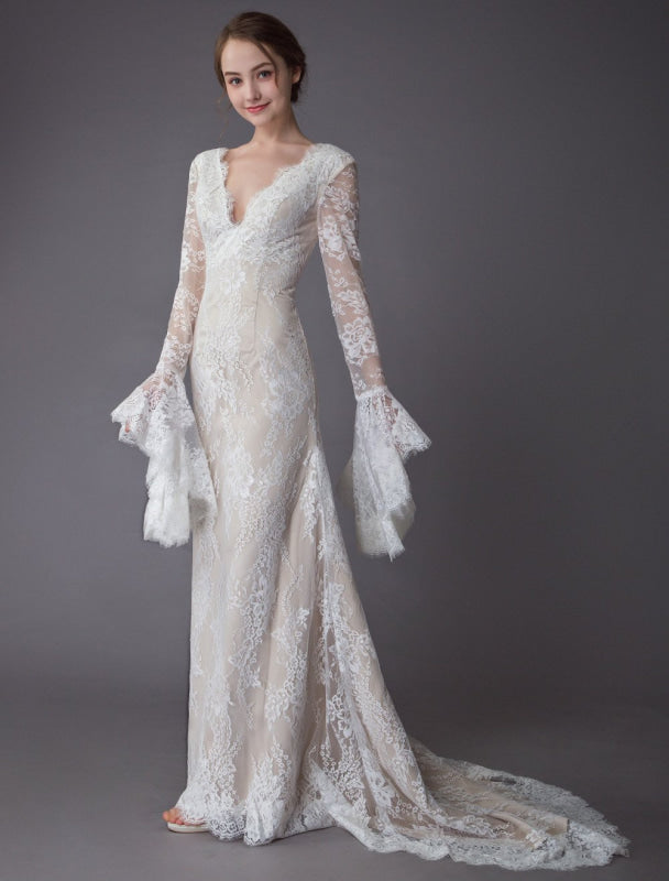 Champagne Wedding Dresses Lace V Neck Long Sleeve Sheath Boho Bridal Dress With Train Exclusive