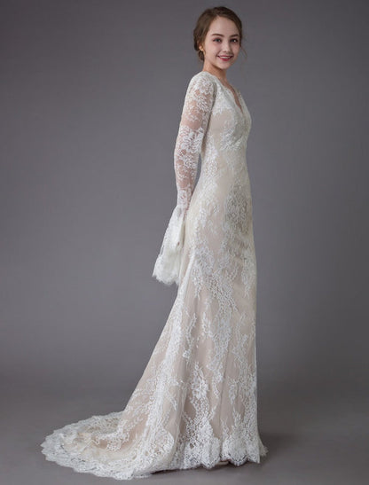 Champagne Wedding Dresses Lace V Neck Long Sleeve Sheath Boho Bridal Dress With Train Exclusive