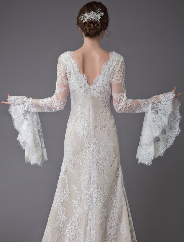 Champagne Wedding Dresses Lace V Neck Long Sleeve Sheath Boho Bridal Dress With Train Exclusive