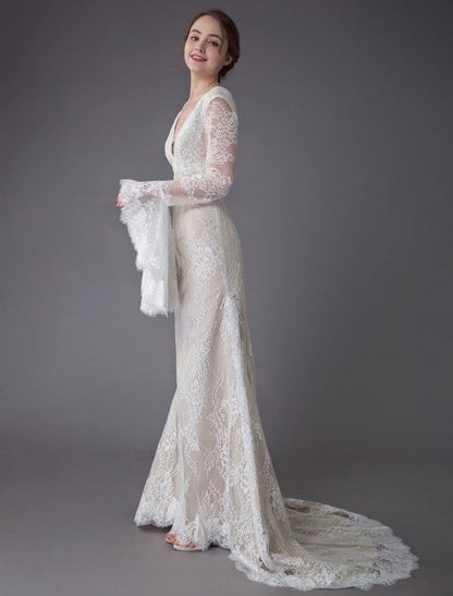Champagne Wedding Dresses Lace V Neck Long Sleeve Sheath Boho Bridal Dress With Train Exclusive