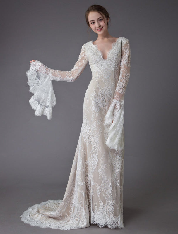 Champagne Wedding Dresses Lace V Neck Long Sleeve Sheath Boho Bridal Dress With Train Exclusive
