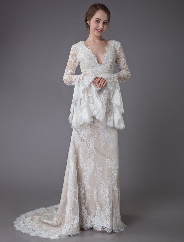 Champagne Wedding Dresses Lace V Neck Long Sleeve Sheath Boho Bridal Dress With Train Exclusive