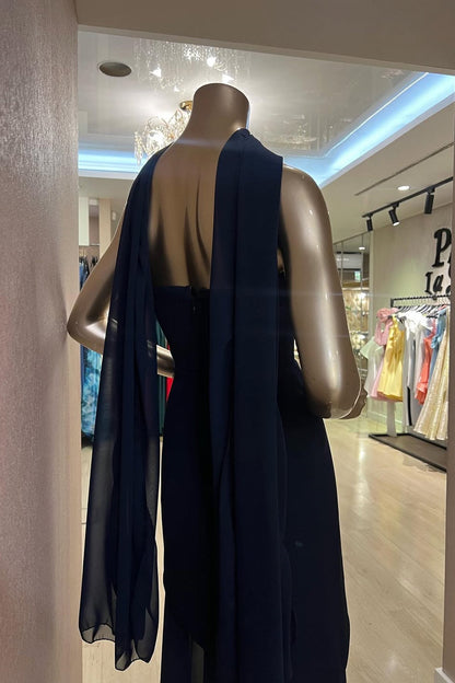 Navy Blue Evening Gown Strapless Sleeveless Prom Dresses with Scarf