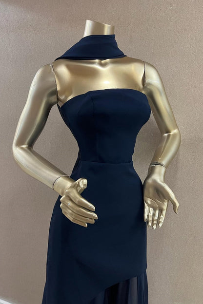 Navy Blue Evening Gown Strapless Sleeveless Prom Dresses with Scarf