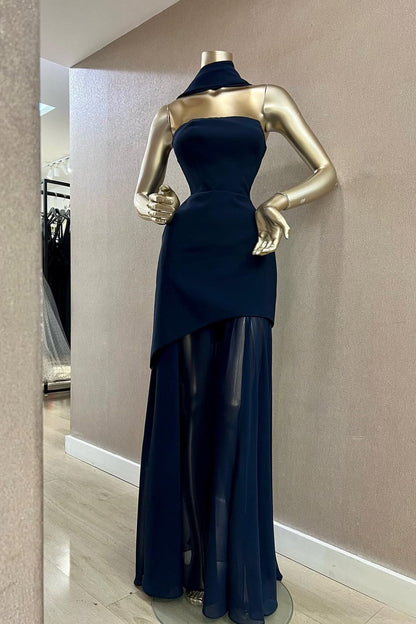 Navy Blue Evening Gown Strapless Sleeveless Prom Dresses with Scarf
