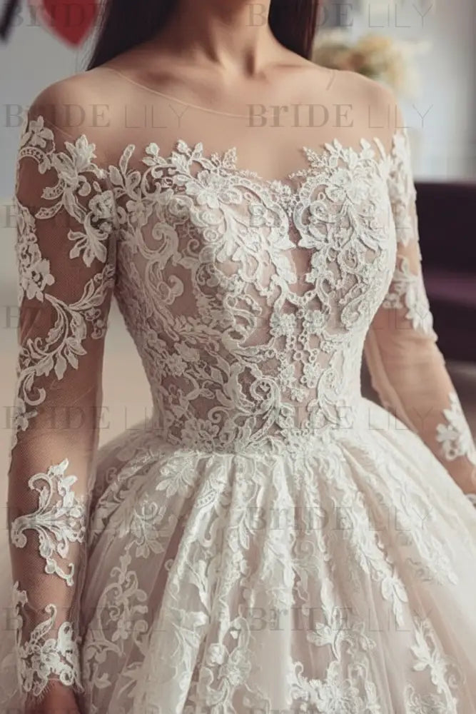 Charming Long Sleeves Lace Tulle Ball Gown Wedding Dress