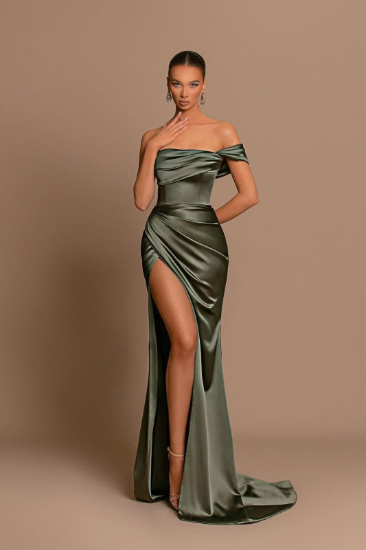 Charming Sage Green Sleeveless Long Evening Dress with Slit