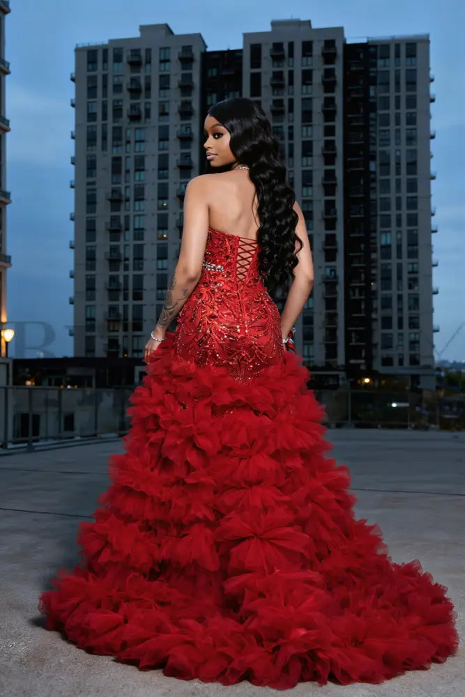 Charming Sleeveless Beadings Red Prom Dress Sequined with High Slit