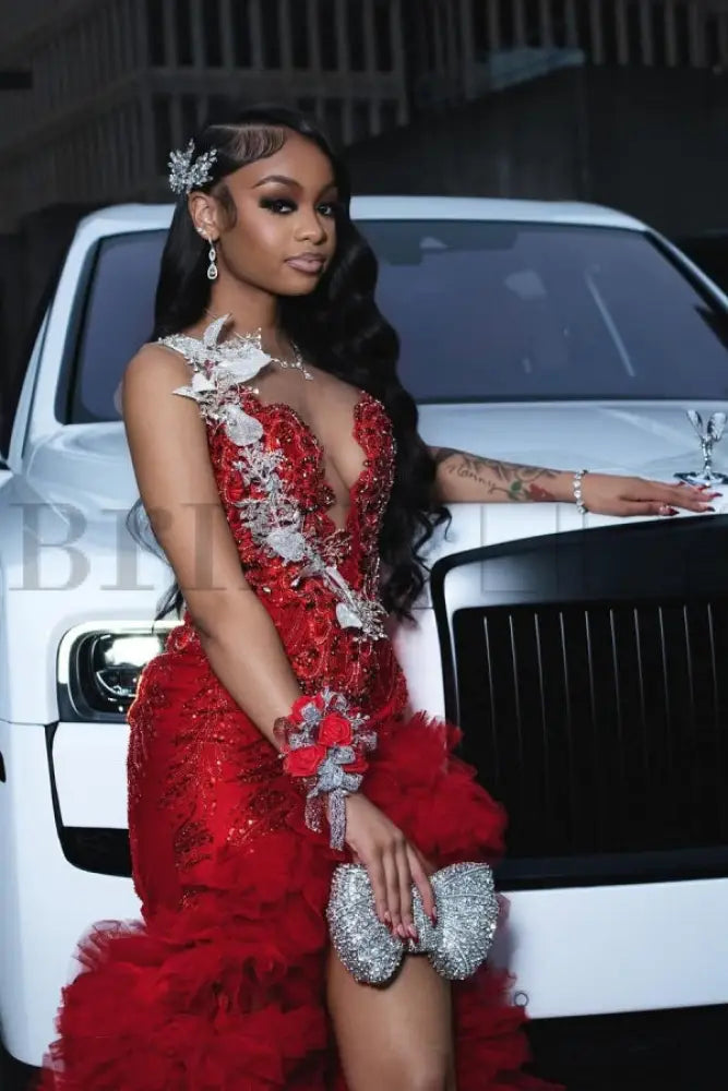 Charming Sleeveless Beadings Red Prom Dress Sequined with High Slit