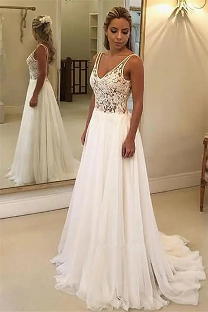 Charming V-Neck Sleeveless Appliques A-Line Wedding Dresses