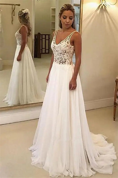 Charming V-Neck Sleeveless Appliques A-Line Wedding Dresses