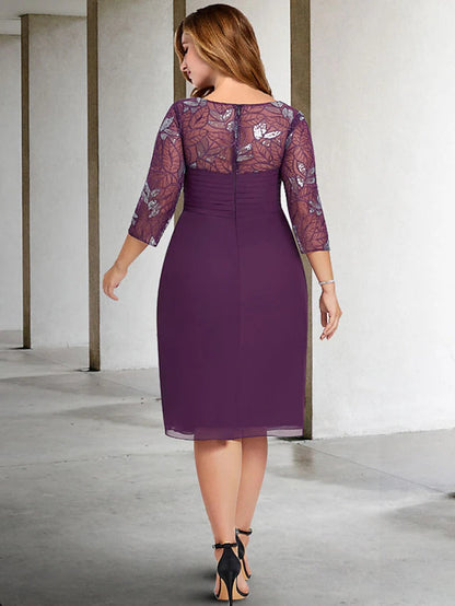 Sheath / Column Plus Size Curve Mother of the Bride Dresses Elegant Dress Formal Knee Length 3/4 Length Sleeve Jewel Neck Chiffon with Pleats Ruched