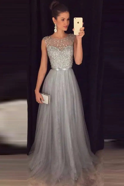 Elegant Gray A-Line Prom Dress Sequined Tulle Evening Gown