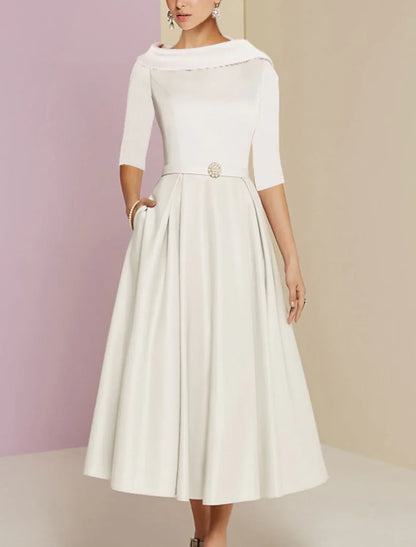 A-Line Mother of the Bride Dress Wedding Guest Elegant Vintage Jewel Neck Tea Length Charmeuse Half Sleeve with Pleats Crystals