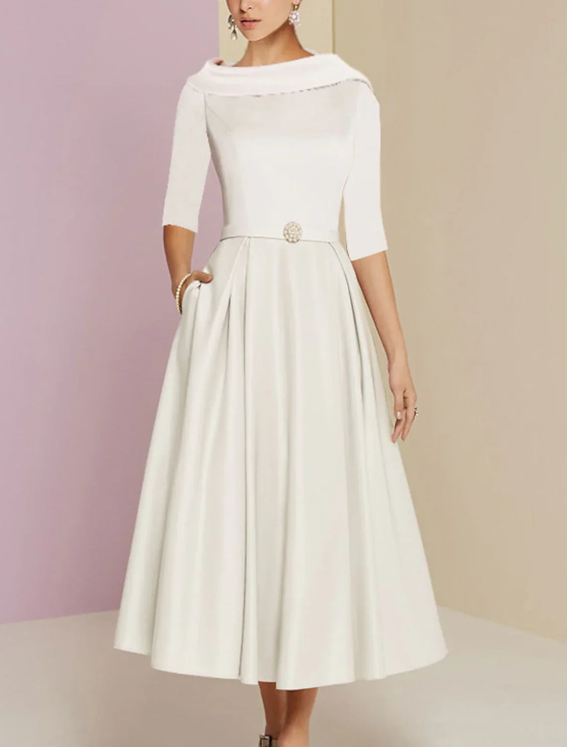 A-Line Mother of the Bride Dress Wedding Guest Elegant Vintage Jewel Neck Tea Length Charmeuse Half Sleeve with Pleats Crystals