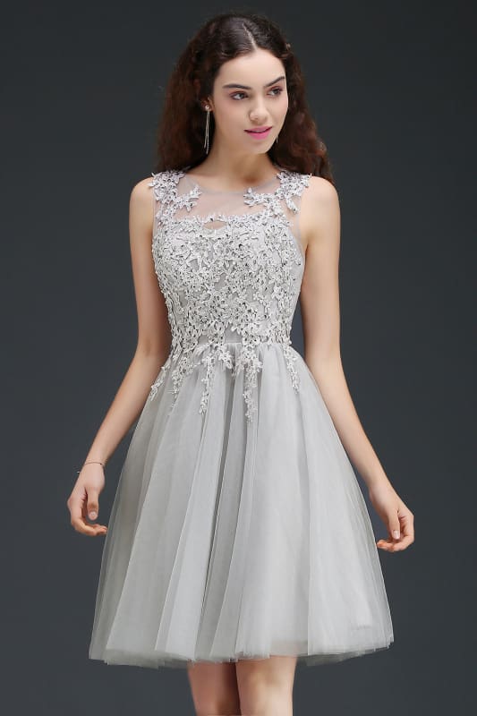 Chic Crew Neck Lace Tulle Short Homecoming Dress Sleeveless Appliques Mini Party Dress
