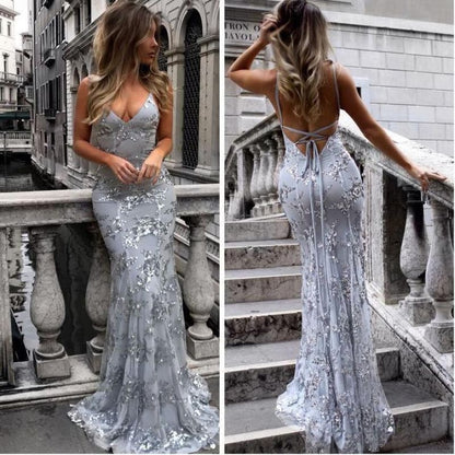 Chic Spaghetti Straps V-neck Mermaid Evening Dress Sequins Prom Gowns