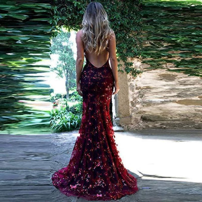 Chic Spaghetti Straps V-neck Mermaid Evening Dress Sequins Prom Gowns