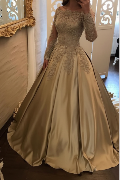 Chic Gold Off Shoulder Long Sleeve Ball Gown Appliques Satin Prom Dress