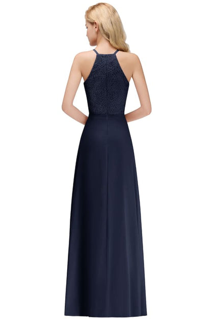 Chic Halter Aline Bridesmaid Dress Pleated Lace Chiffon Evening Dress