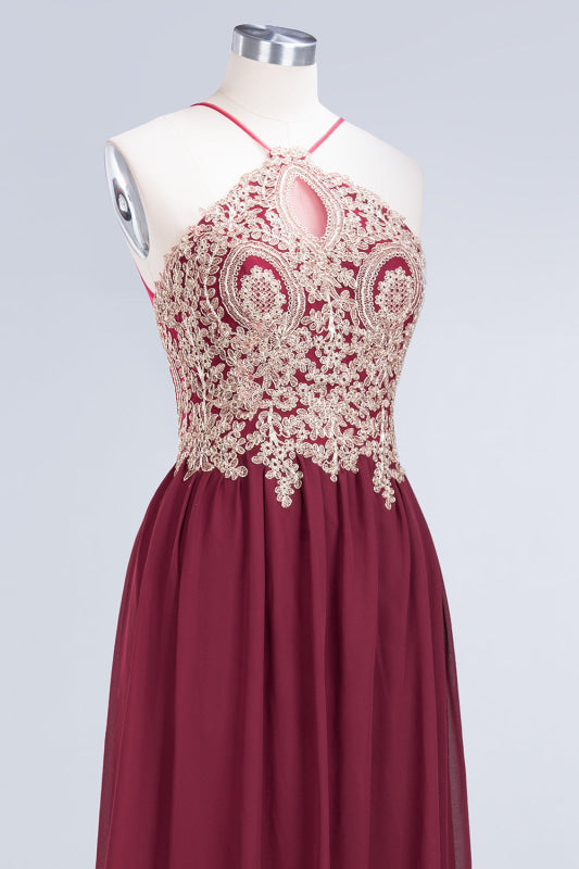 Chic Halter Burgundy Backless Bridesmaid Dress with Appliques