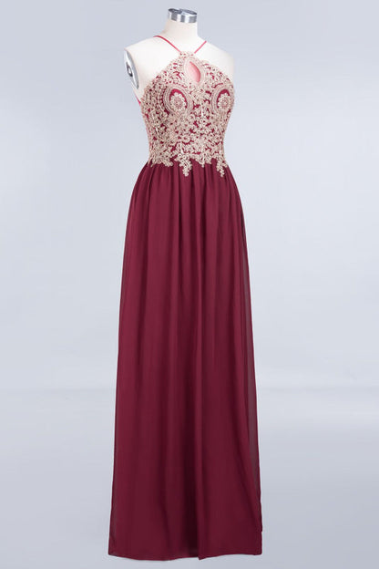 Chic Halter Burgundy Backless Bridesmaid Dress with Appliques