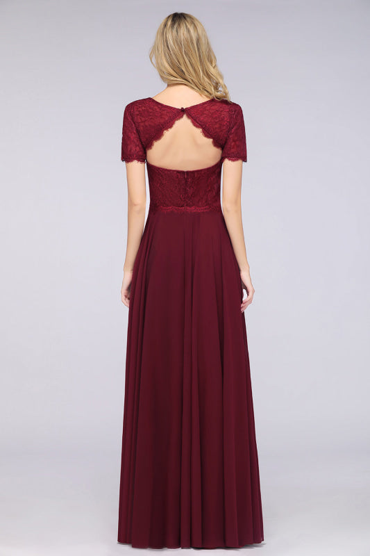 Chic Lace Burgundy Long Bridesmaid Dress With Sleeves