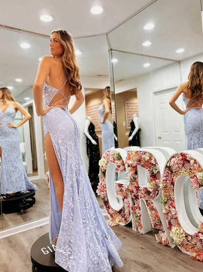 Aimishang Dress Chic Mermaid Spaghetti Straps Lavender Lace Long Prom Dress Elegant Evening Party Dress With Slit