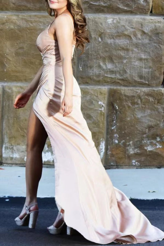 Chic Midnight Blue Spaghetti Strap Mermaid Prom Gown with Thigh-High Slit