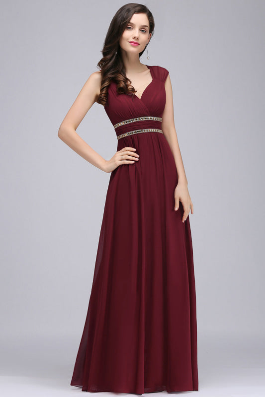 Chic Ruched Chiffon Aline Formal Dress Burgundy Bridesmaid Dress with Beadings