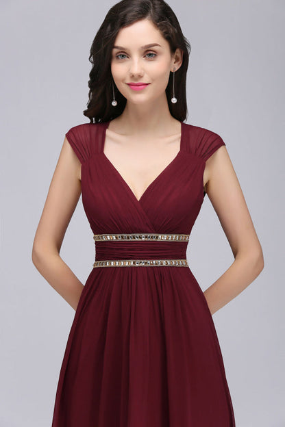 Chic Ruched Chiffon Aline Formal Dress Burgundy Bridesmaid Dress with Beadings