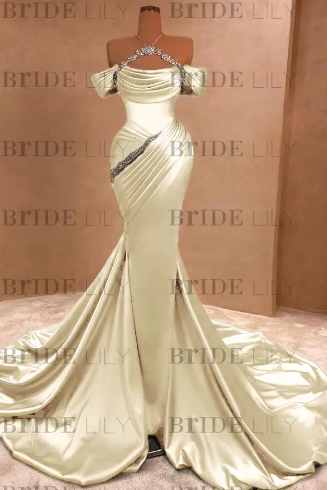 Chic Ruffle Satin Prom Dress Mermaid Off-the-Shoulder Beadings Long Party Gown