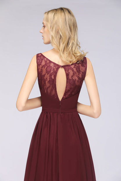 Chic Ruffles Straps Lace Chiffon Burgundy Bridsmaid Dress