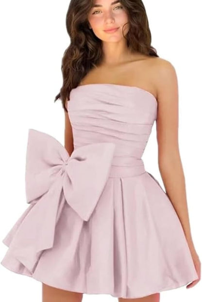 Chic Sleeveless Ruched Short Homecoming Dresses Lace Up Mini Party Wear Dress with Bow