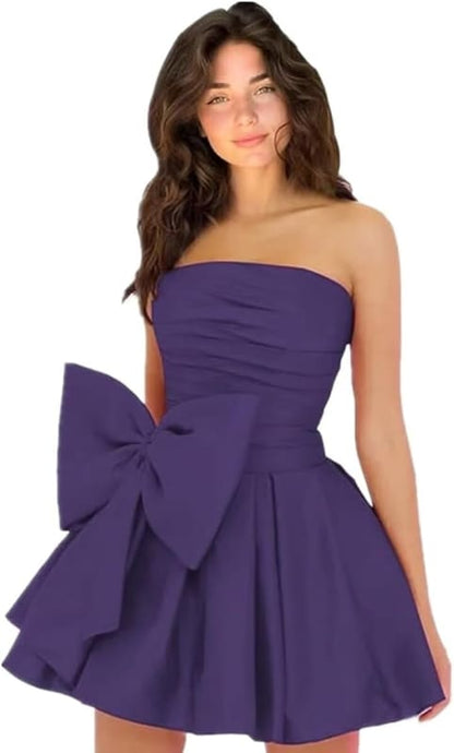 Chic Sleeveless Ruched Short Homecoming Dresses Lace Up Mini Party Wear Dress with Bow