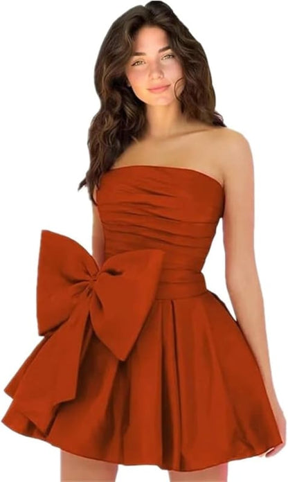 Chic Sleeveless Ruched Short Homecoming Dresses Lace Up Mini Party Wear Dress with Bow