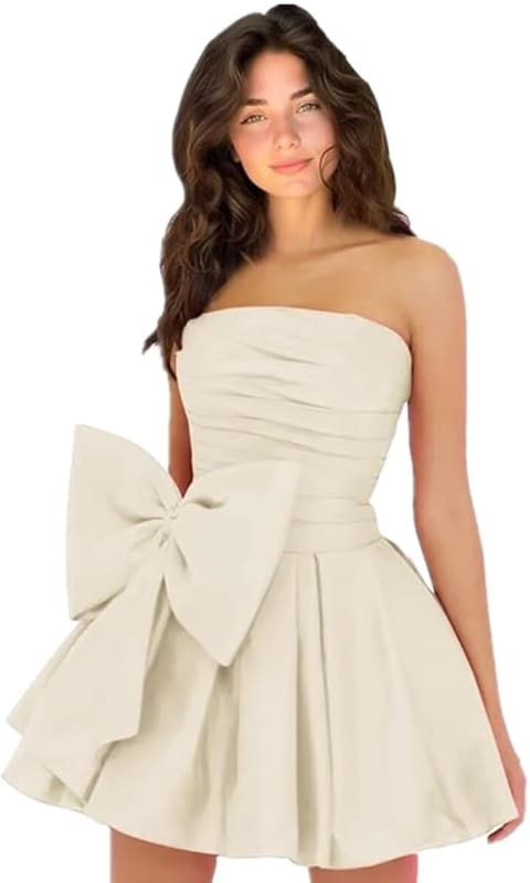 Chic Sleeveless Ruched Short Homecoming Dresses Lace Up Mini Party Wear Dress with Bow