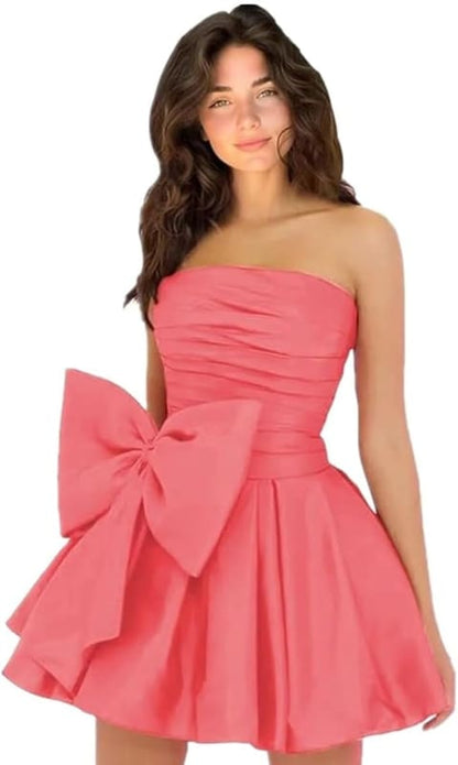 Chic Sleeveless Ruched Short Homecoming Dresses Lace Up Mini Party Wear Dress with Bow