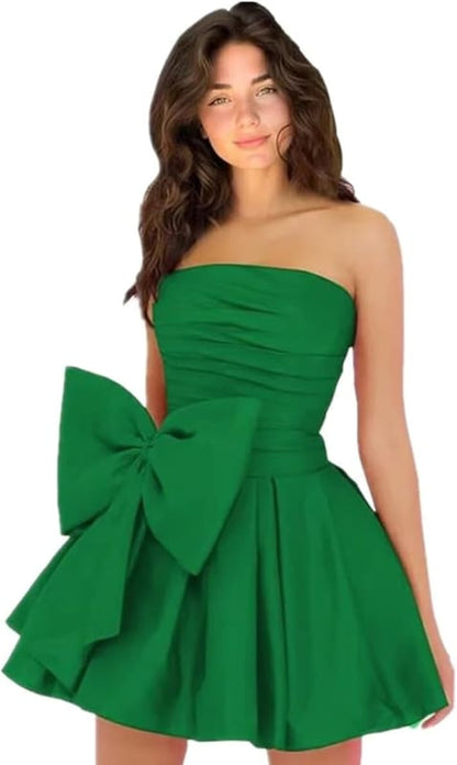 Chic Sleeveless Ruched Short Homecoming Dresses Lace Up Mini Party Wear Dress with Bow